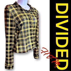New Divided H&M Women's Size Large Sleeve Plaid Shirt Button Up Sheer Yellow Bk